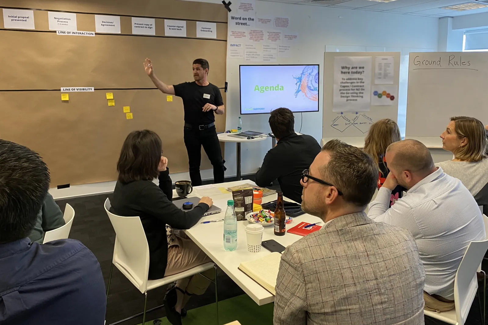 Glenn facilitating a workshop in front of a wall of sticky notes